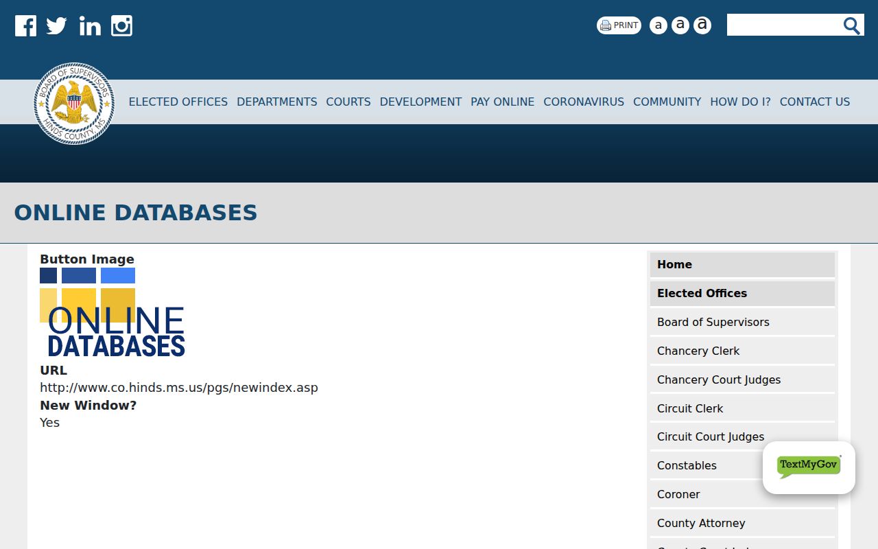 Hinds County case search county databases menu