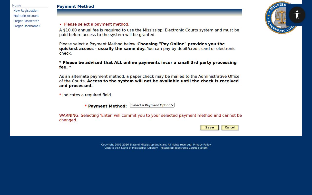 Hinds County docket search PAMEC annual access payment screen