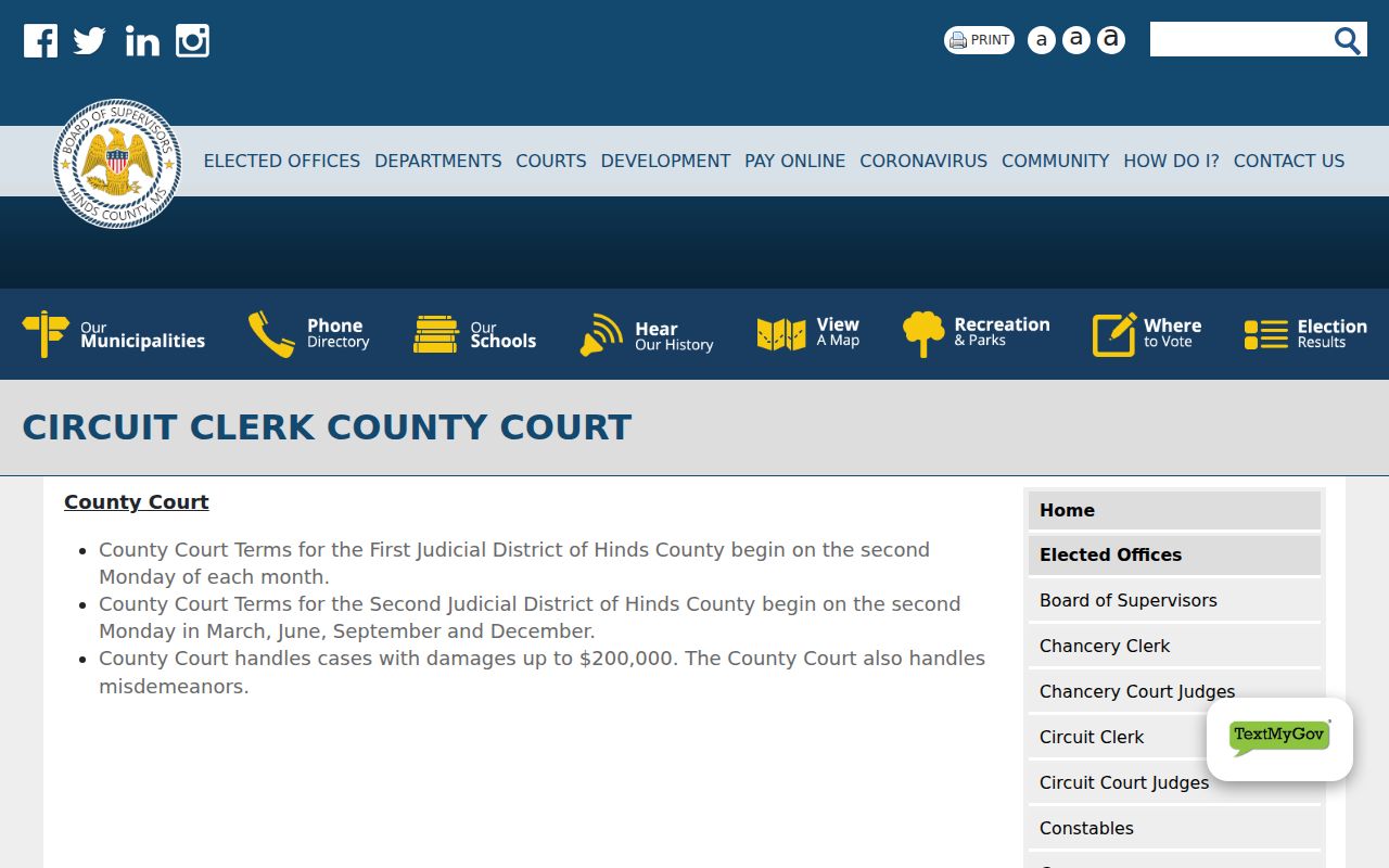 Hinds County civil docket County Court civil jurisdiction information