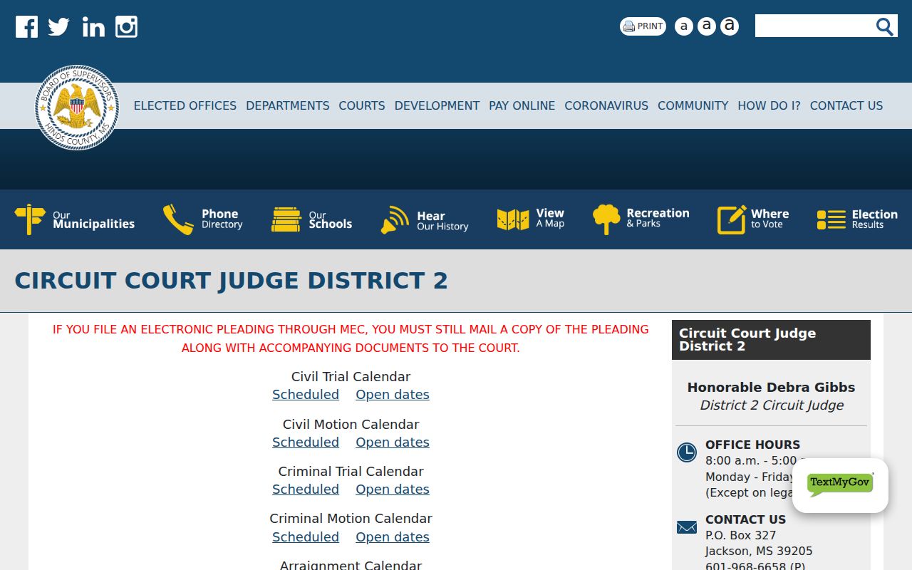 Hinds County court schedule District 2 hearing categories