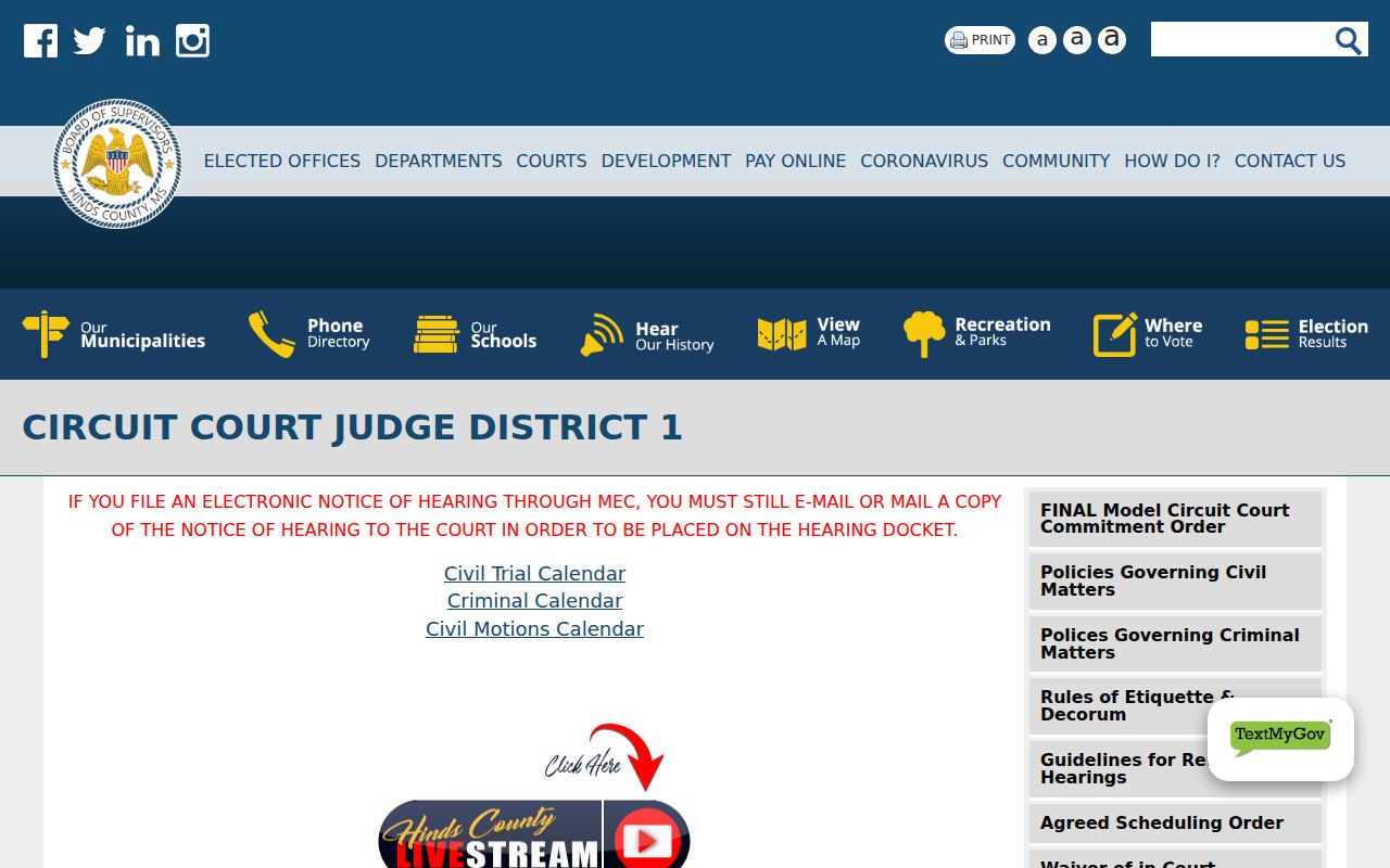 Hinds County court schedule District 1 calendar links