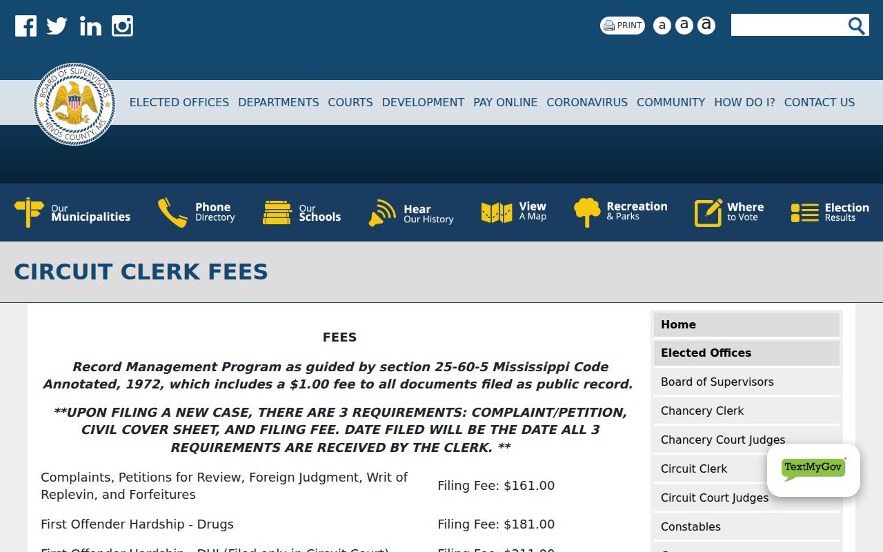 Hinds County court case records Circuit Clerk fees page