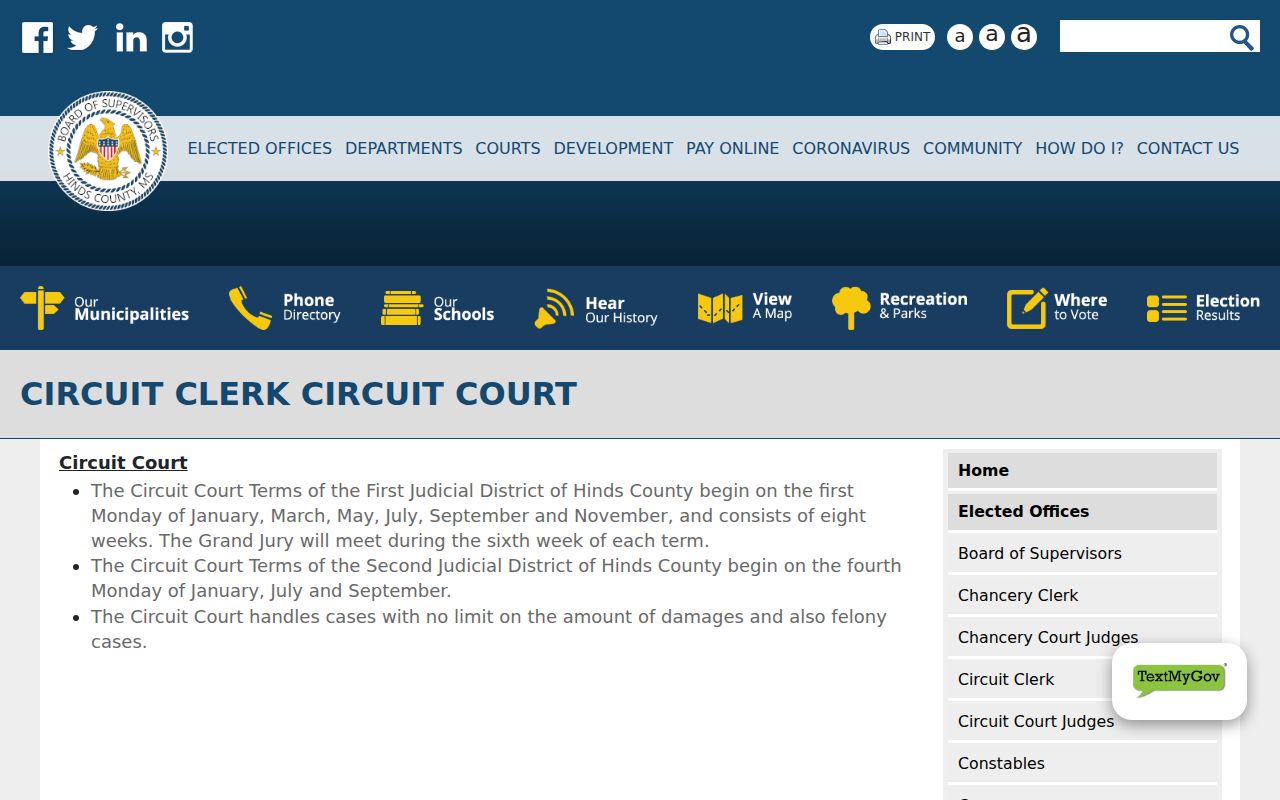 Hinds County criminal docket Circuit Clerk felony court information