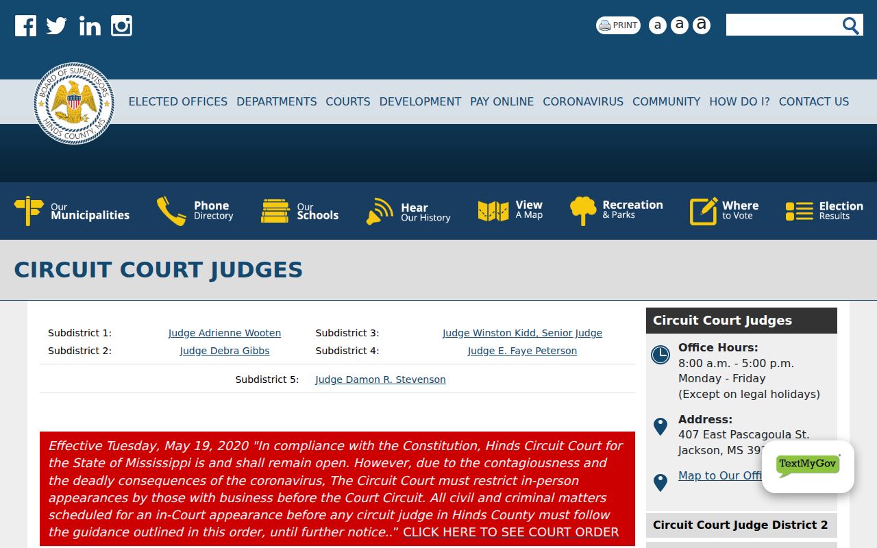 Hinds County criminal docket Circuit Court judge directory
