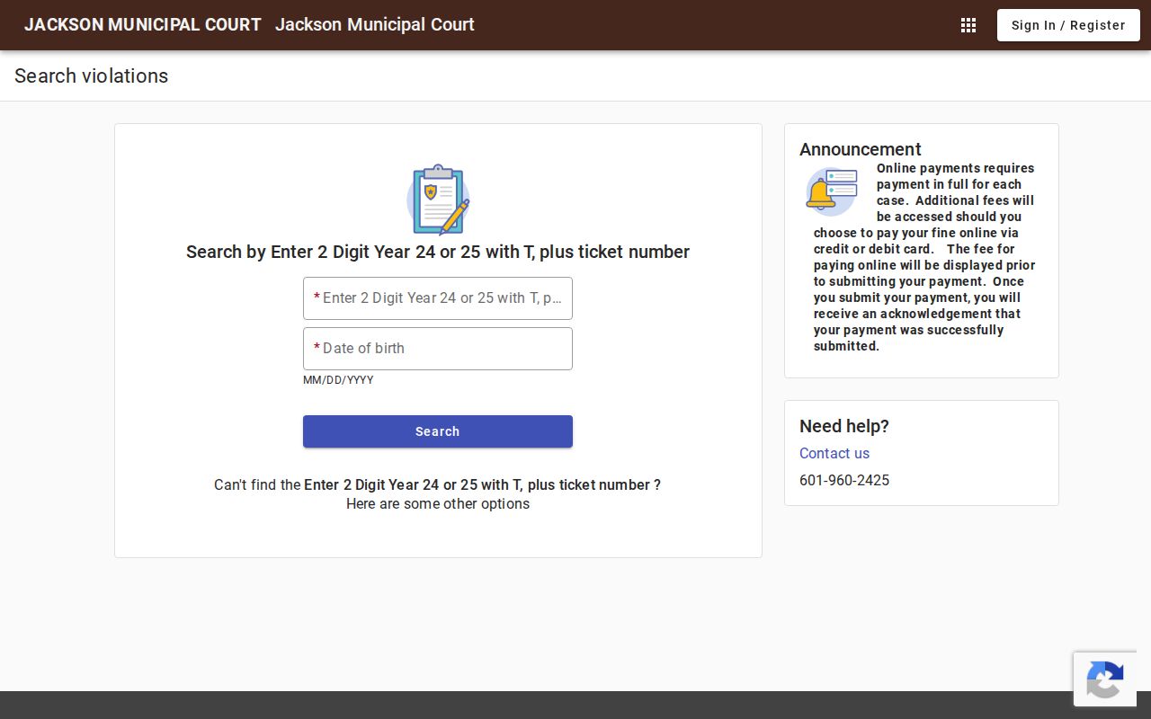 Jackson court records ticket search fields