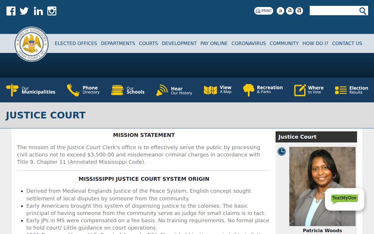 Hinds County traffic court Justice Court clerk and record services